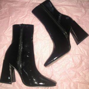 block heel black patent leather boots